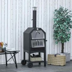Outsunny Outdoor Pizza Oven Charcoal BBQ Grill 3-Tier With Chimney & Two Wheels - Black/Silver - 846-051 Main Image