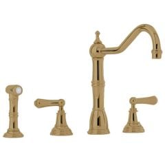 Perrin & Rowe Alsace Dual Lever Aged Brass Kitchen Sink Mixer Tap & Rinse - Aged Brass Illustration Front View