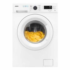 Zanussi ZWD86SB4PW Free Standing 8kg 1600rpm Washer Dryer - White - Yellow Clothing In Washing Machine Close Door Front View