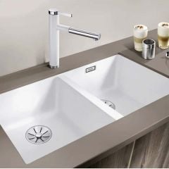 Blanco SUBLINE 350/350-U 2 Bowl Undermount Silgranit Kitchen Sink with Manual InFino Waste - White - 523581