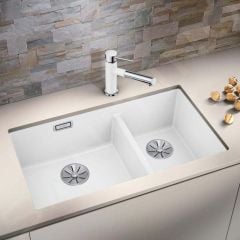 Blanco SUBLINE 480/320-U LH 2 Bowl Undermount Silgranit Kitchen Sink with Manual InFino Waste - White - BL467481