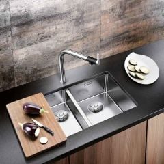Blanco ANDANO 340/180-U 1.5 Bowl Stainless Steel Right Hand Bowl Kitchen Sink with Manual InFino Drain System - Satin Polish - 522977 Lifestyle