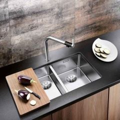 Blanco ANDANO 340/180-U 1.5 Bowl Stainless Steel Left Hand Bowl Kitchen Sink with Manual InFino Drain System - Satin Polish - 522979 Lifestyle