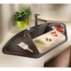 Blanco DELTA II 1.5 Bowl Inset Silgranit Corner Kitchen Sink with Remote Control InFino Drain System - Coffee - 523669 Lifestyle 