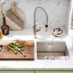 Blanco CLARON 400-U 1 Bowl Undermount Stainless Steel Kitchen Sink with Manual InFino Waste - Satin Polish - 521573 Lifestyle