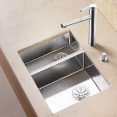 Blanco CLARON 340/180-U 1.5 Bowl Undermount Stainless Steel Kitchen Sink with Manual InFino Waste - Satin Polish - 521610 Lifestyle