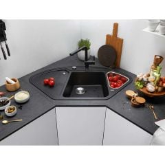 Blanco DELTA II RH Silgranit 1 Bowl Inset Kitchen Sink with Drain Remote Control - Black - 525867