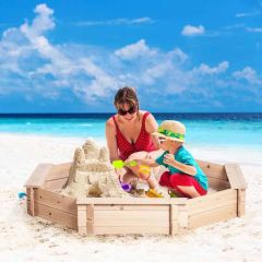 Outsunny Kids Outdoor Wooden Octagon Sandbox with Top Cover - Natural - 343-049ND