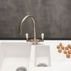 Reginox Elbe Dual Lever Kitchen Tap With White Ceramic Handle - Brushed Nickel - ELBE BN