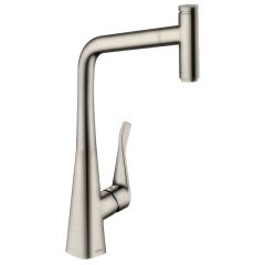 hansgrohe Metris Select M71 Single Lever Kitchen Mixer Tap 320 With Pull-Out Spout & Sbox Single Spray Mode - Stainless Steel - 73803800