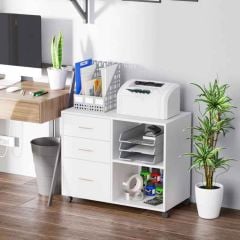 Homcom Sideboard Office Desk With Wheels 3 Drawers And 2 Open Shelves - White - 924-013WT