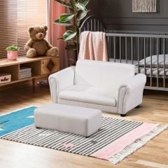 HOMCOM Kids 2 Seater Sofa with Footstool - White - 310-006V70WT
