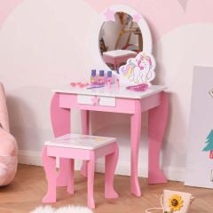 HOMCOM Kids Dressing Table with Unicorn Design - White & Pink - 350-089