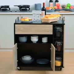 HOMCOM Portable Kitchen Trolley with Two Handles -  Oak/Black - 801-077 Main Image