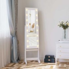 HOMCOM Retro Free Standing Mirror Jewellery Storage Cabinet with LED Lights - White - 831-220