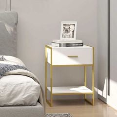 HOMCOM Bedside Table with Shelf & Drawer - White & Gold - 831-535