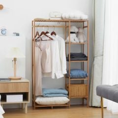 HOMCOM Bamboo Open Wardrobe with Hanging Rail & Storage Shelves - Natural - 850-250V00ND Lifestyle