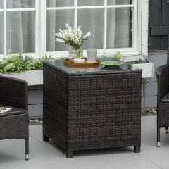 Outsunny Rattan Side Table with Glass Table Top - 640mm - Brown - 01-0723