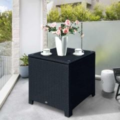 Outsunny Rattan Side Table with Glass Table Top - 640mm - Black - 01-0724