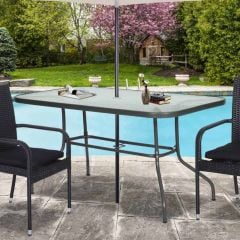 Outsunny Dining Table with Parasol Hole & Glass Table Top - Metal Frame - 1400mm - Carbon Grey - 84B-376