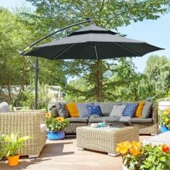 Outsunny 3m Cantilever Banana Parasol Hanging Umbrella with LED Solar lights, Crank, 8 Sturdy Ribs and Cross Base - Black - 84D-180BK