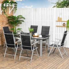 Outsunny 7 Piece Dining Table and Folding Reclining Chairs Set - Black - 84G-100V00BK