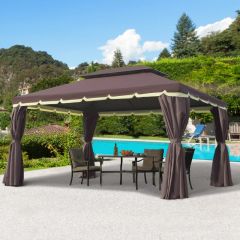 Outsunny 2 Tier Metal Garden Gazebo with Curtains and Nets 3000x4000mm - Coffee - 01-0879