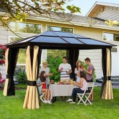 Outsunny Hardtop Gazebo with LED Light and Curtains and Nets - 3000x3600mm - Brown Beige - 84C-177