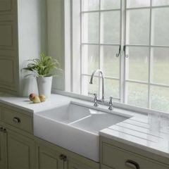 Rangemaster Farmhouse Belfast 2 Bowl Fire Clay Ceramic Kitchen Sink - White - CFBL800WH/