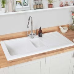Rangemaster Rustic 1.5 Bowl Fire Clay Ceramic Inset Kitchen Sink - CRT10202WH/