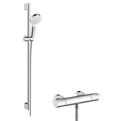 hansgrohe Crometta Shower System 100 Vario With Ecostat 1001 Cl Thermostatic Mixer and Shower Rail 90cm - White/Chrome - 27813400