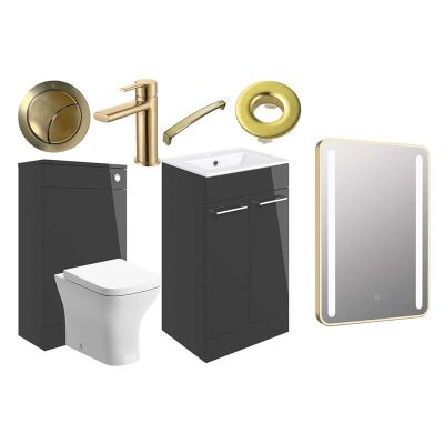 Bathrooms by Trading Depot Bay 510mm Floor Standing Furniture Pack - Anthracite Gloss With Brushed Brass Finishes - TDBT108135