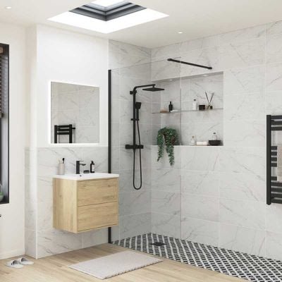 Bathrooms by Trading Depot Calder 500mm Wetroom Panel & Support Bar - Black - TDBT107537