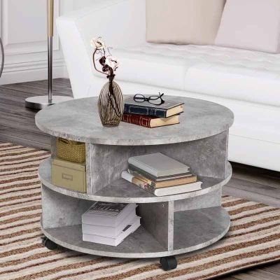 HOMCOM 2 Tier Round Side End Table with Divided Shelves & Wheels - Cement - 833-540