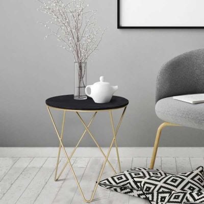 HOMCOM Round Coffee Side Table with Metal Crossed Legs - Black & Gold - 833-732