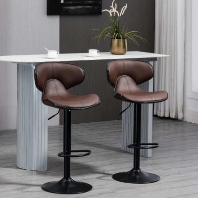 HOMCOM 2 Piece Height Adjustable Swivel Bar Stools With Backrest & Footrests - PU Leather - Brown - 835-731V70BN