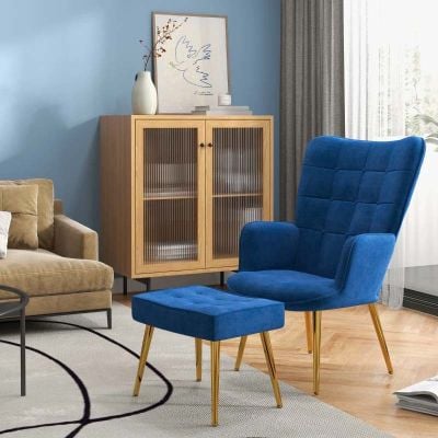 HOMCOM Button Tufted Wingback Armchair with Footstool - Dark Blue - 839-778V70DB