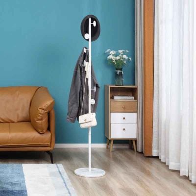 HOMCOM Free Standing Hallway Coat Rack Tree with 8 Round Hooks - White - 837-212WT