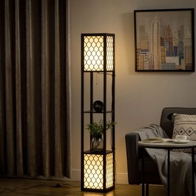 HOMCOM Floor Lamp with Shelves & Pull Chain Switch - Black - B31-321V70