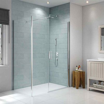 Merlyn 8 Series Frameless Pivot Shower Door & Inline Panel 1400mm with MStone Tray - S8FPI1405HB - DISCONTINUED