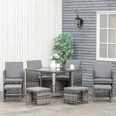Outsunny 8-Seater Patio Rattan Wicker Dining Table & Chair Set with Footstools - Mixed Grey - 841-108GY