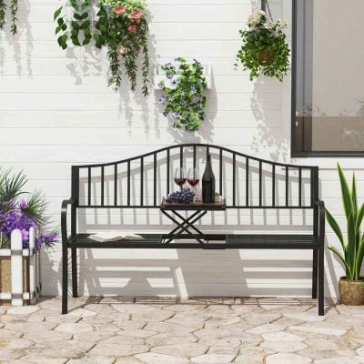 Outsunny 2 Seater Metal Garden Bench with Built In Table - Black - 84B-241