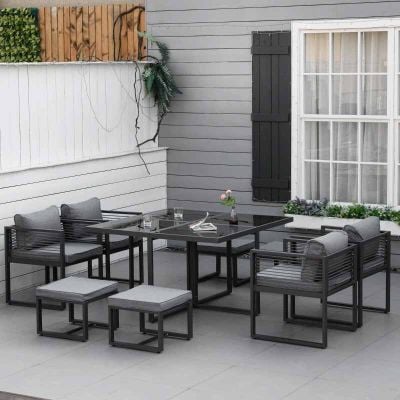 Outsunny 9 Piece Garden Dining Aluminium Cube Table Chairs & Footstool Set - Grey - 84B-657