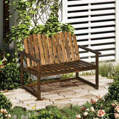 Outsunny Outdoor Wooden Garden Bench Patio Loveseat Chair with Slatted Backrest and Smooth Armrests for Two People for Yard Lawn Porch Carbonised Finish - 84G-106V00DW