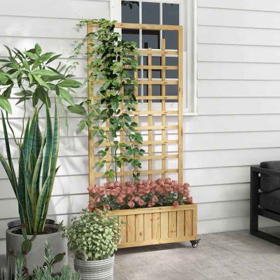 Outsunny Wooden Garden Planter with Trellis and Wheels - Natural - 84H-001V00ND