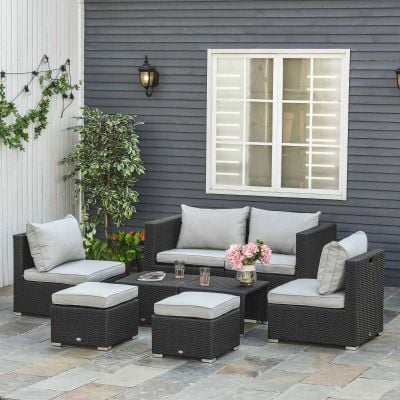 Outsunny 6-Seater PE Rattan Dining Set w/ 4 Chair 2 Footstool 2 Tables Metal Frame Black