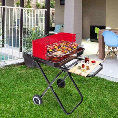 Outsunny Folding Charcoal BBQ Trolley With Two Wheels - Red/Black - 01-0559