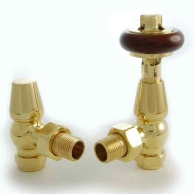 Towelrads Angled TRV & Lockshield - Brass with Brown Handle - 129067