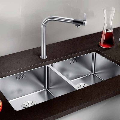 Blanco ANDANO 400/400-U 2 Bowl Undermount Stainless Steel Kitchen Sink with Manual InFino Drain System - Satin Polish - 522987 Lifestyle