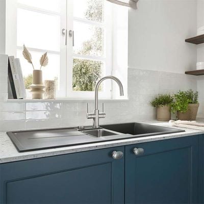 Blanco CANDOR Twin Lever High Arched Spout Solid Kitchen Tap - Brushed Stainless Steel - 526703